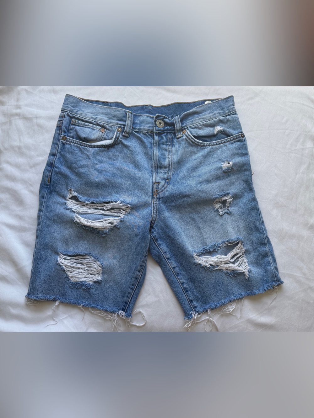 Men’s Light Blue Denim Distressed Shorts with Orange Stitching